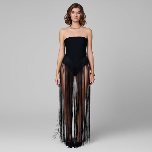 Scarlet Bodysuit Fringe Dress in Black